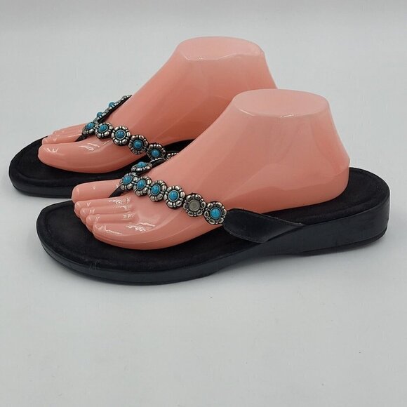 Minnetonka Black Thong Flip Flop Sandal w/ Silver Turquoise Flower Strap Size 11 - Picture 3 of 12